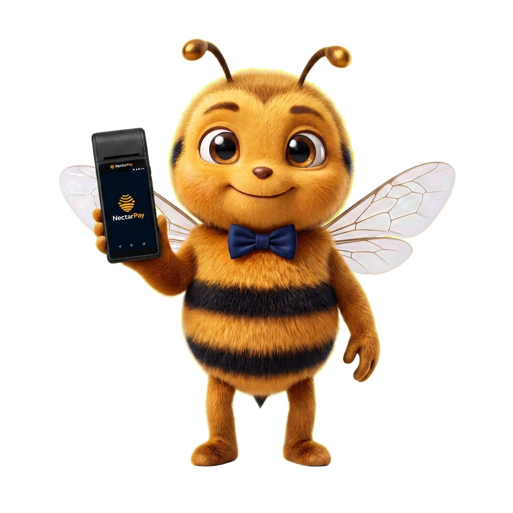 Buzzy, the NectarPay mascot, holding a NectarPay terminal